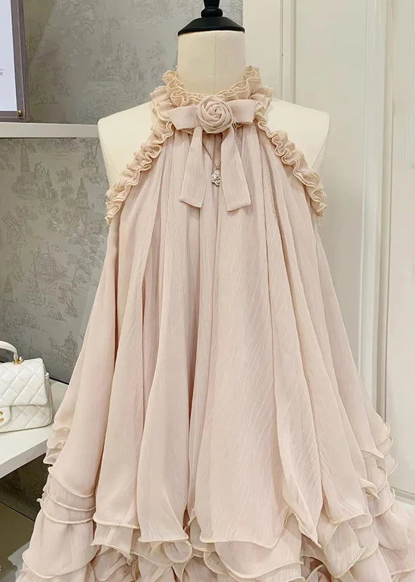 Apricot Ruffled Lace Tulle Mini Dress Sleeveless