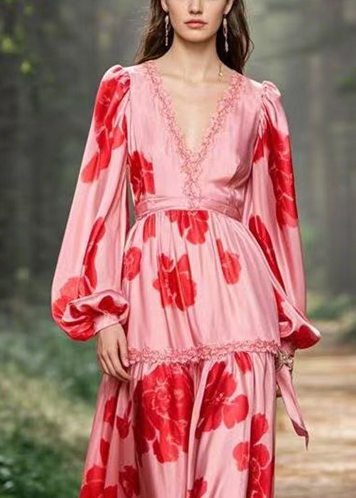 Pink Ruffled Print Chiffon Long Dress Spring