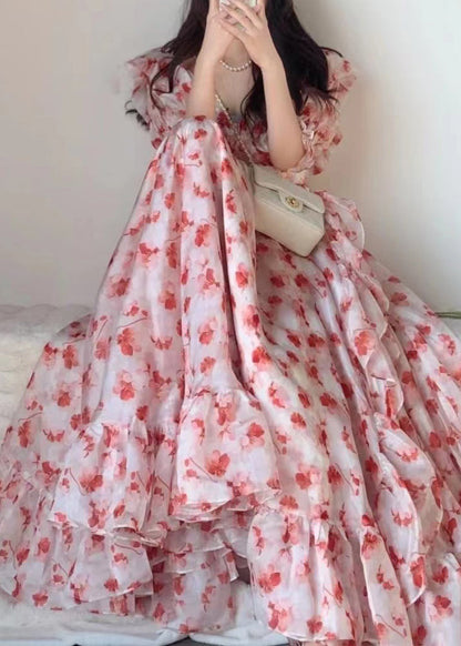 Pink Ruffled Print Chiffon Long Dresses Short Sleeve
