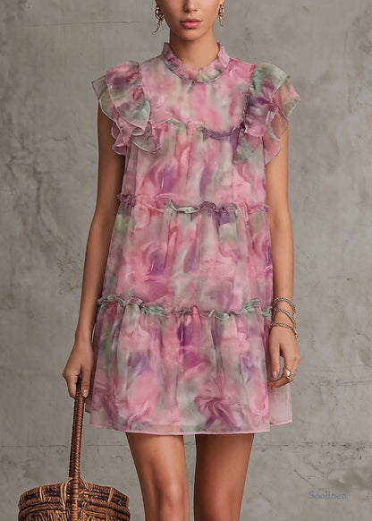 Pink Ruffled Print Chiffon Mid Dress Summer