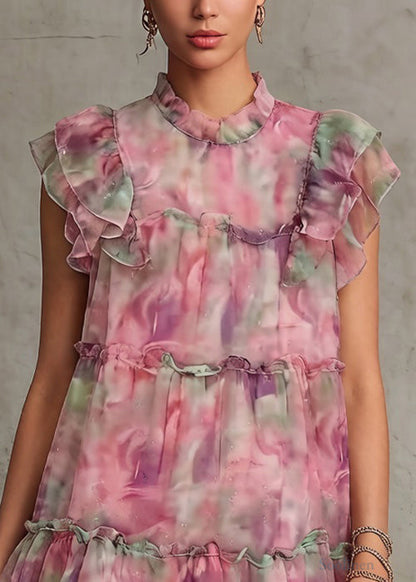 Pink Ruffled Print Chiffon Mid Dress Summer