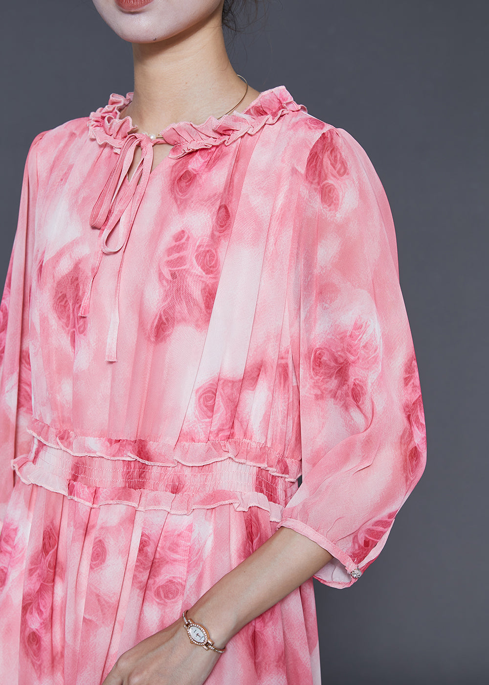 Pink Ruffled Print Chiffon Vacation Dress Summer