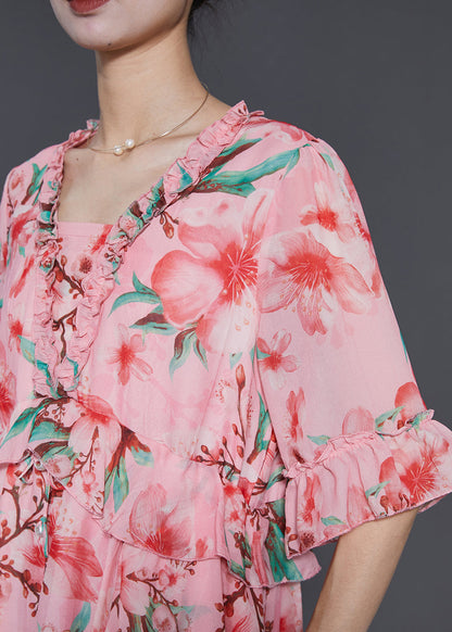 Pink Ruffled Print Exra Large Hem Chiffon Dresses Summer