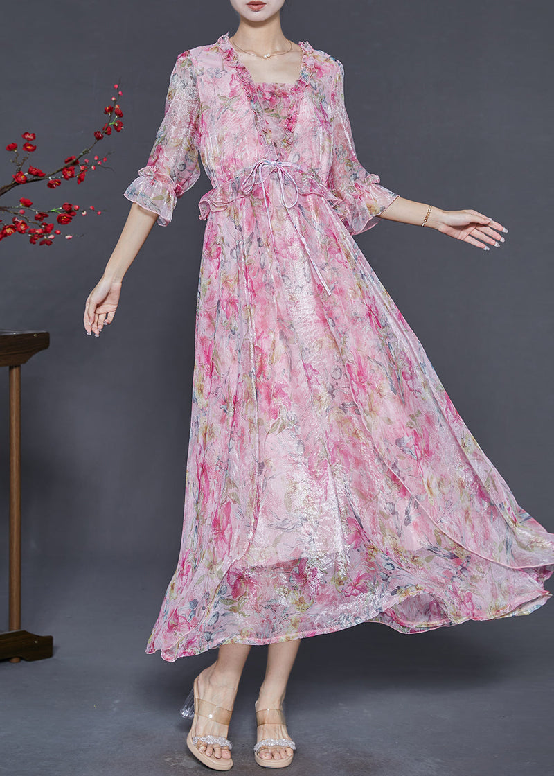 Pink Ruffled Print Silk Party Dresses Summer