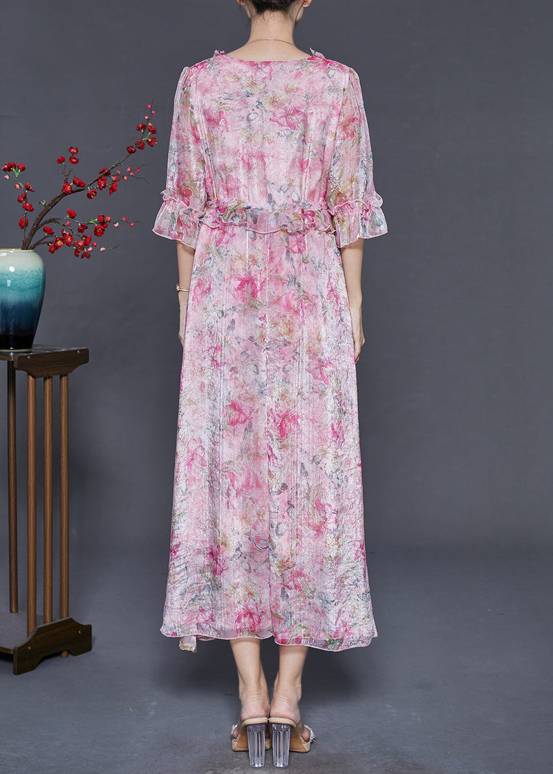Pink Ruffled Print Silk Party Dresses Summer
