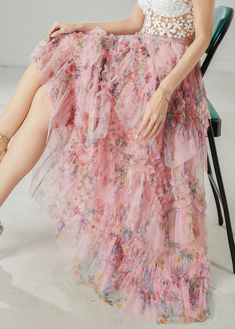 Pink Ruffled Print Tulle Holiday Skirt Summer