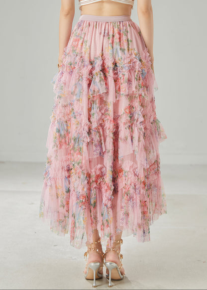 Pink Ruffled Print Tulle Holiday Skirt Summer