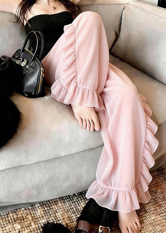 Pink Ruffled Tulle Straight Pants Summer