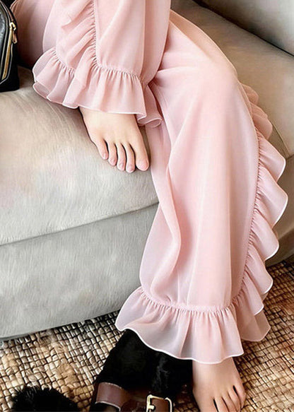 Pink Ruffled Tulle Straight Pants Summer