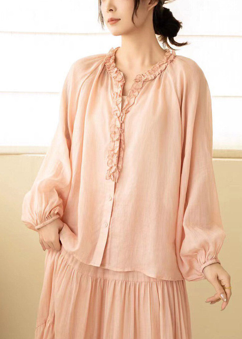 Pink Ruffled Wrinkled Linen Shirt Lantern Sleeve