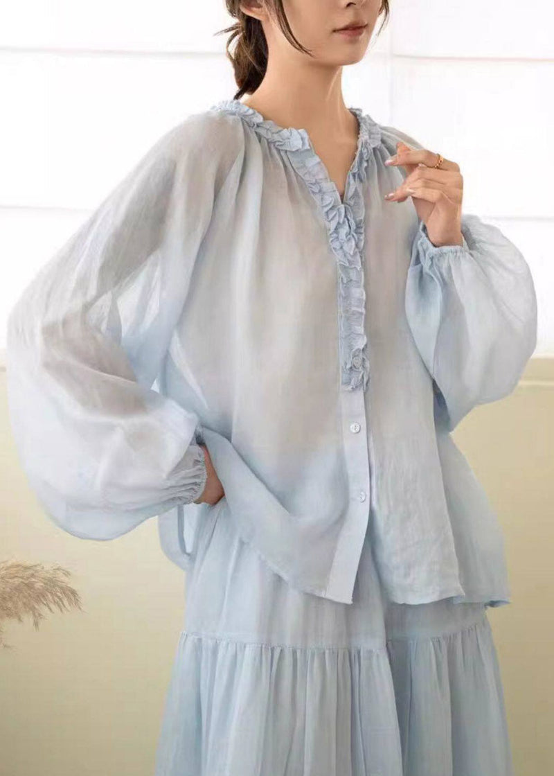 Pink Ruffled Wrinkled Linen Shirt Lantern Sleeve