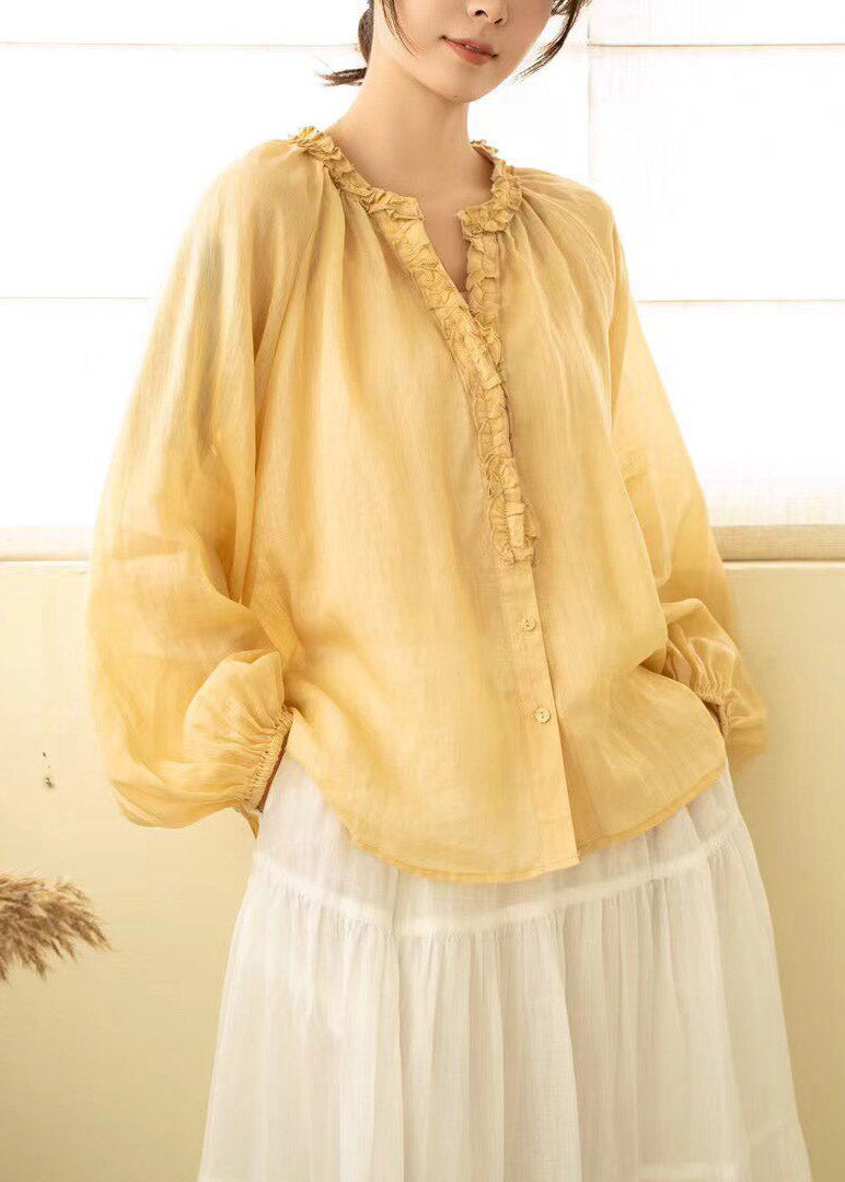 Pink Ruffled Wrinkled Linen Shirt Lantern Sleeve