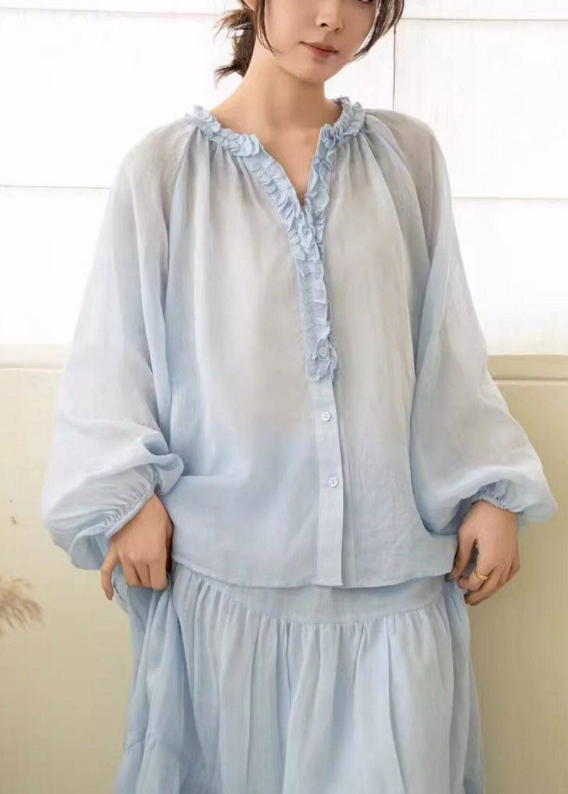 Pink Ruffled Wrinkled Linen Shirt Lantern Sleeve
