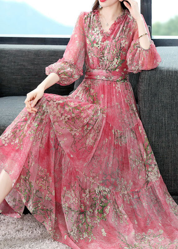Pink Ruffled Wrinkled Print Patchwork Silk Dress Summer