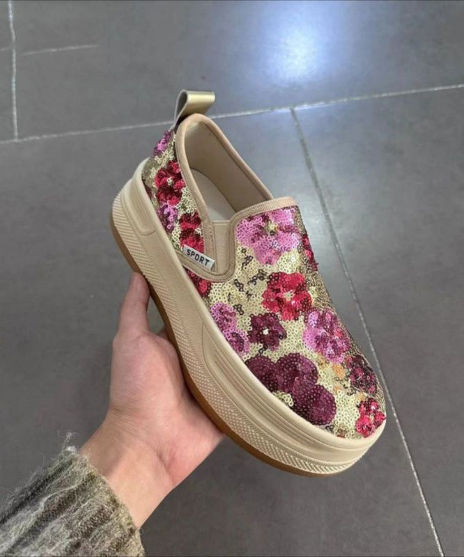 Pink Sequins Print Tulle Loafer Shoes