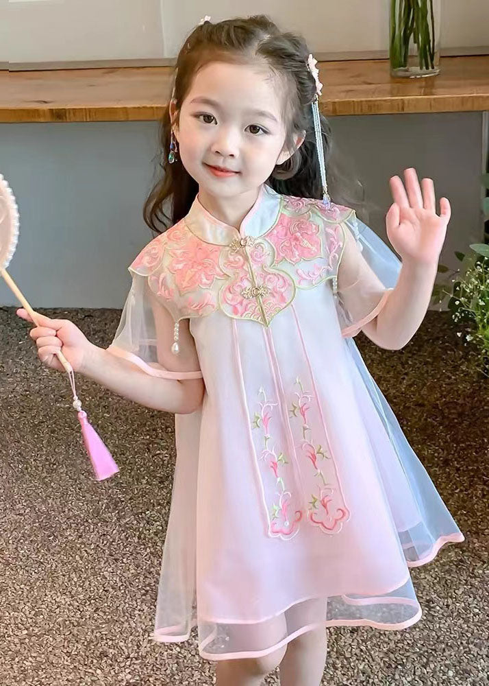 Pink Stand Collar Embroideried Tulle Holiday Tulle Maxi Dress Summer