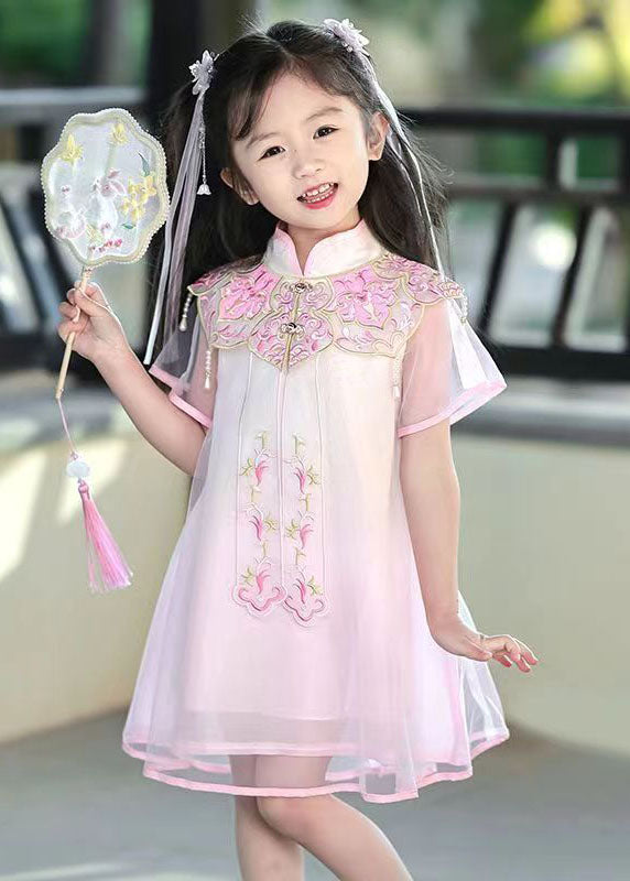 Pink Stand Collar Embroideried Tulle Holiday Tulle Maxi Dress Summer
