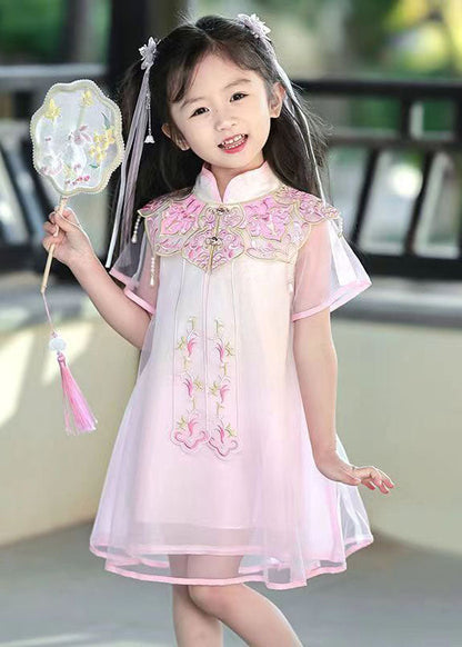 Pink Stand Collar Embroideried Tulle Holiday Tulle Maxi Dress Summer