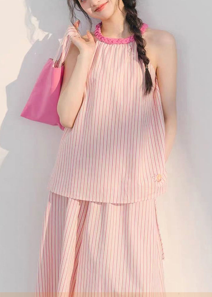 Pink Striped Tops and Crop Pants Cotton Two Pieces Set Sleeveless