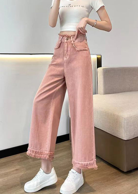 Pink Tasseled High Waist Denim Wide Leg Pants Spring