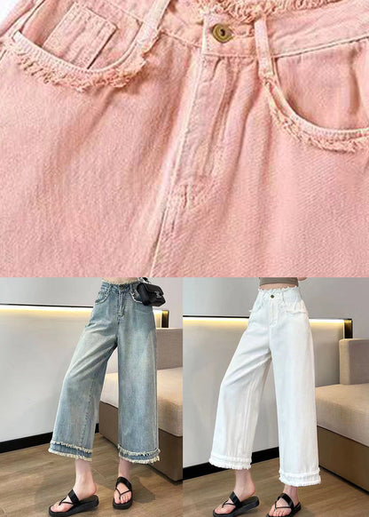 Pink Tasseled High Waist Denim Wide Leg Pants Spring