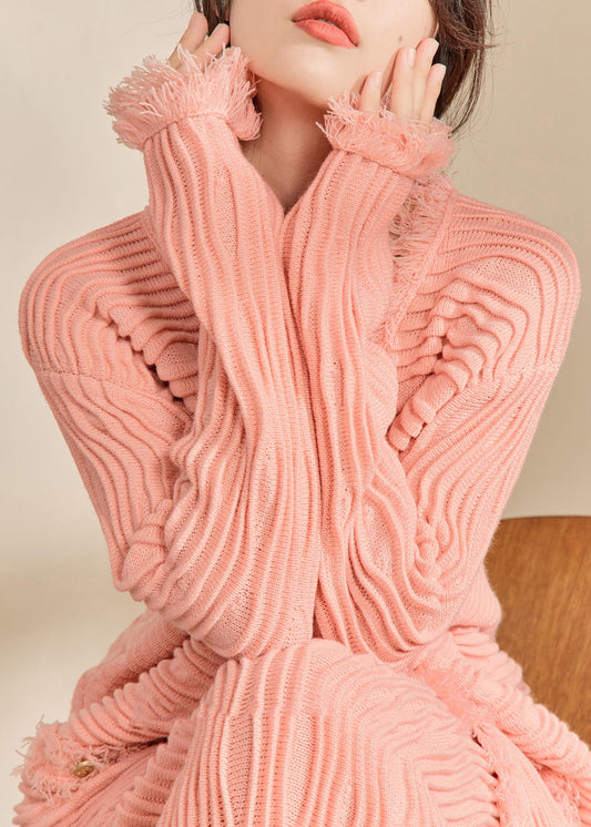 Pink V Neck Button Tassel Knit Cardiga Spring