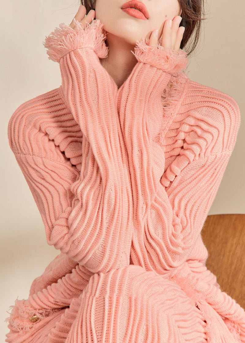 Pink V Neck Button Tassel Knit Cardiga Spring