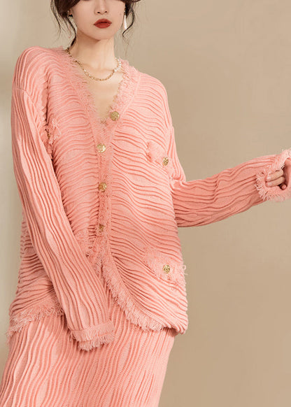 Pink V Neck Button Tassel Knit Cardiga Spring