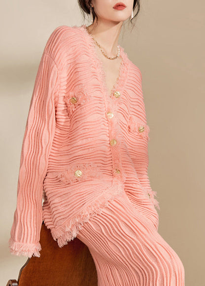 Pink V Neck Button Tassel Knit Cardiga Spring