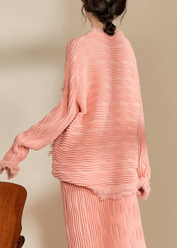 Pink V Neck Button Tassel Knit Cardiga Spring