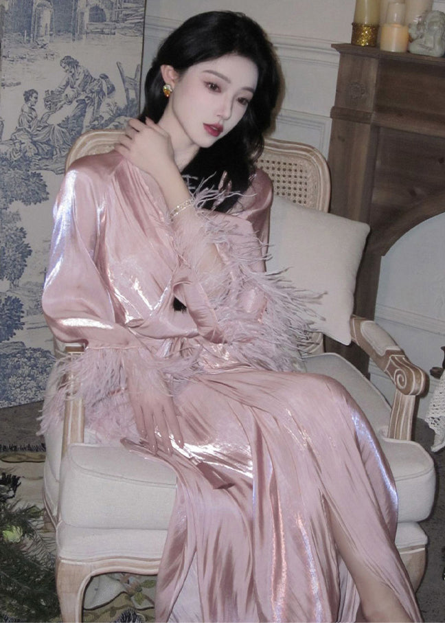 Pink V Neck Feather Patchwork Silk Dresses Long Sleeve