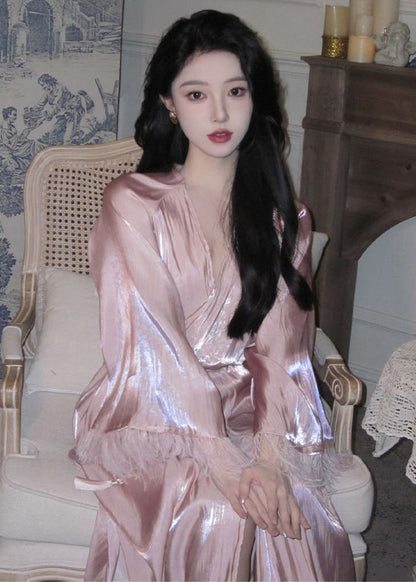 Pink V Neck Feather Patchwork Silk Dresses Long Sleeve