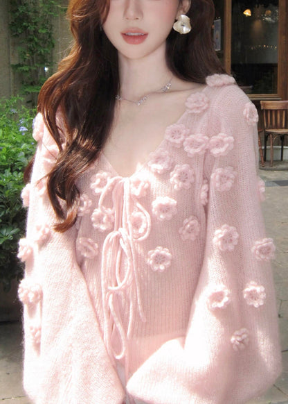Pink V Neck Lace Up Knit Short Sweater Fall