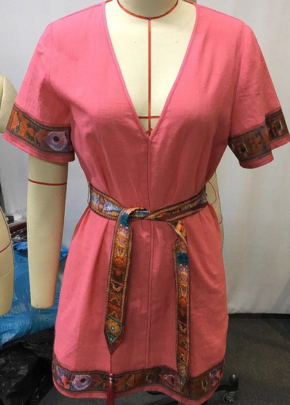 -pink-v-neck-lace-up-patchwork-cotton-mid-dresses-summer