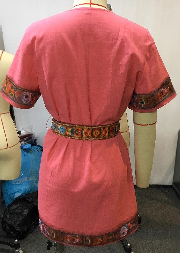 -pink-v-neck-lace-up-patchwork-cotton-mid-dresses-summer