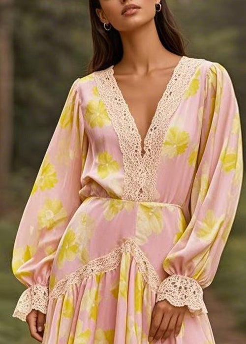 Pink V Neck Lace Wrinkled Patchwork Chiffon Mid Dress Spring
