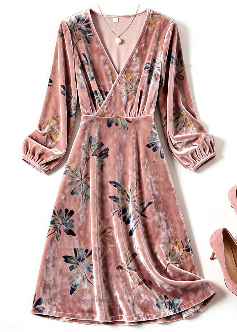 Pink V Neck Print Silk Velvet Dresses Spring