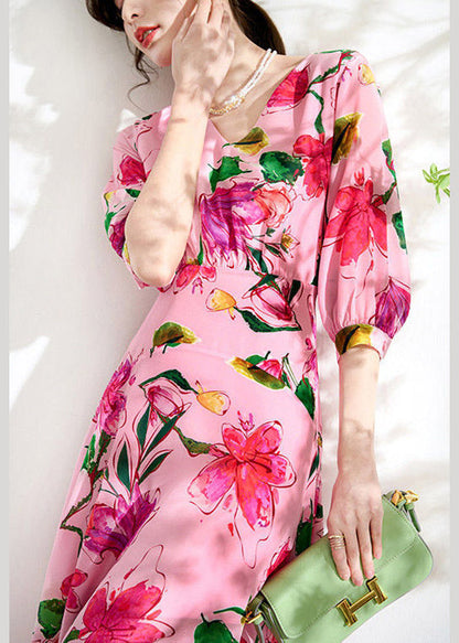 Pink V Neck Print Tunic Chiffon Long Dresses Summer