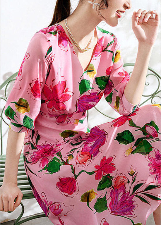 Pink V Neck Print Tunic Chiffon Long Dresses Summer