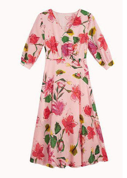 Pink V Neck Print Tunic Chiffon Long Dresses Summer