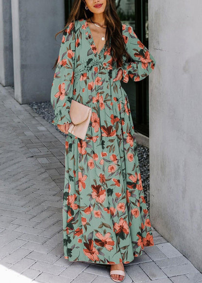 Pink V Neck Ruffled Print Chiffon Long Dress Spring