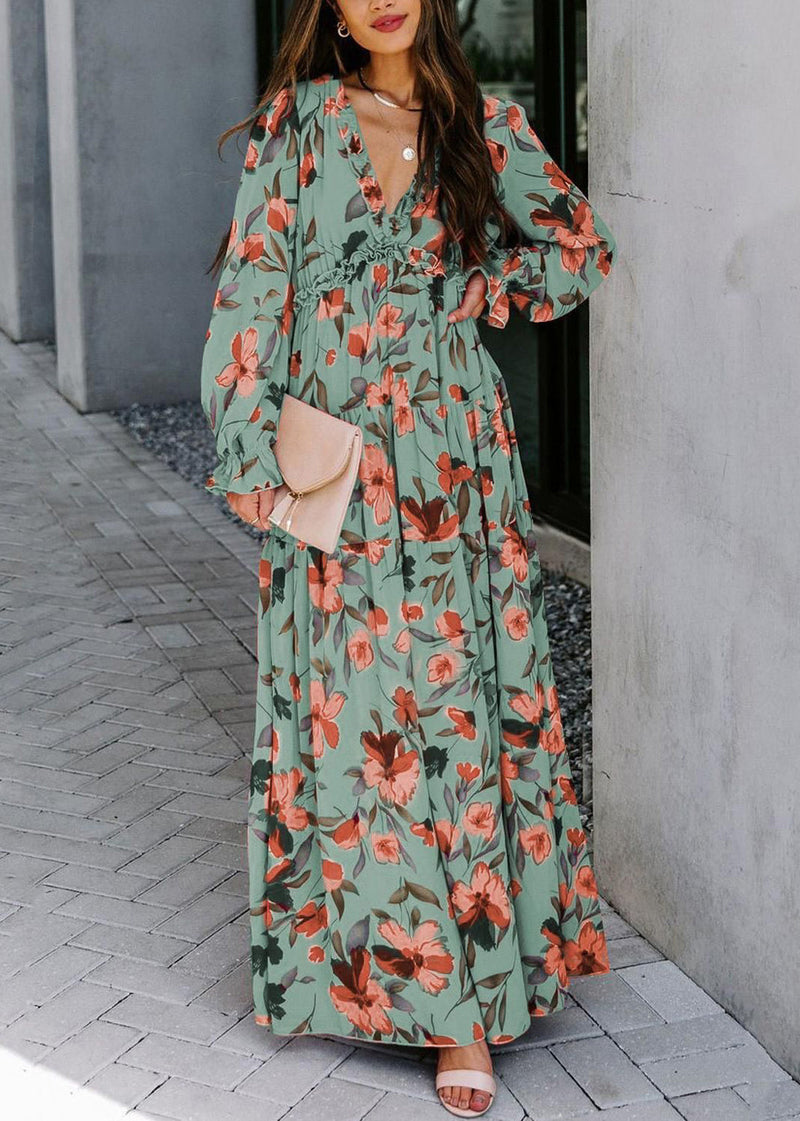 Pink V Neck Ruffled Print Chiffon Long Dress Spring