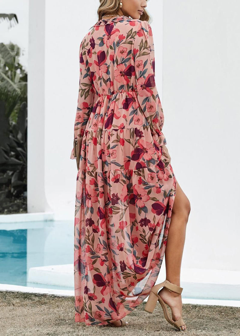 Pink V Neck Ruffled Print Chiffon Long Dress Spring