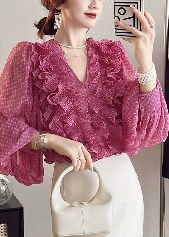 Beautiful Pink V Neck Ruffled Print Chiffon Shirt Spring