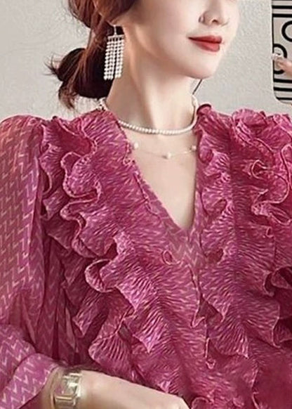 Beautiful Pink V Neck Ruffled Print Chiffon Shirt Spring