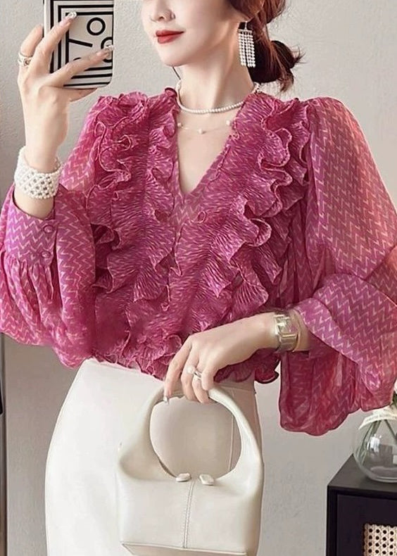Beautiful Pink V Neck Ruffled Print Chiffon Shirt Spring
