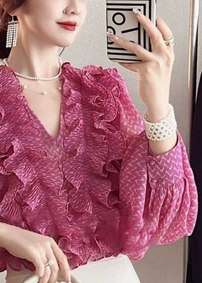 Beautiful Pink V Neck Ruffled Print Chiffon Shirt Spring