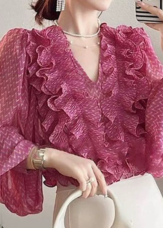 Pink V Neck Ruffled Print Chiffon Shirt Spring
