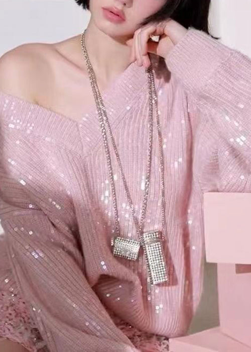 Pink V Neck Sequins Patchwork Knit Sweaters Fall