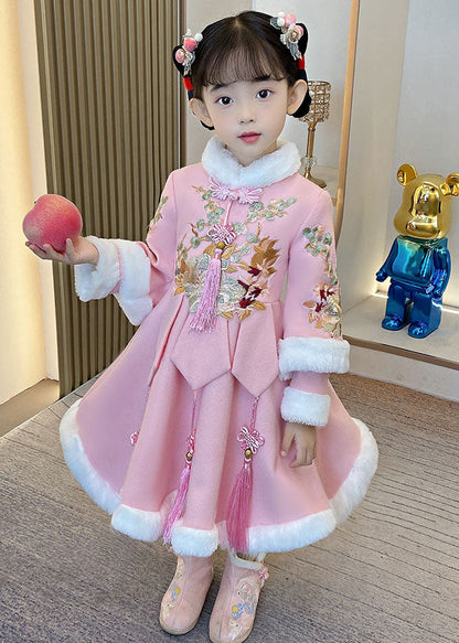 Pink Warm Fleece Button Holiday Long Dress Winter